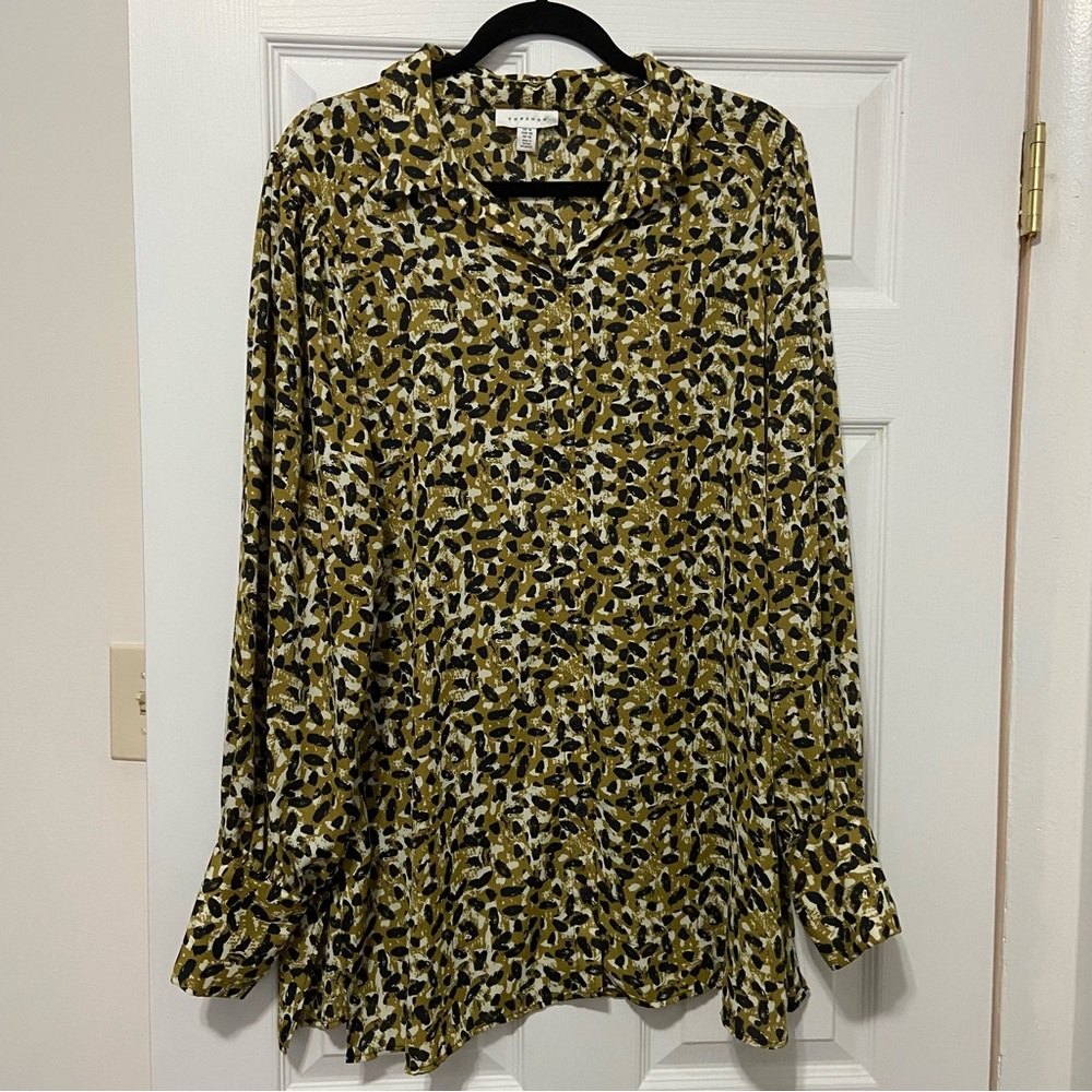 Topshop Geometric Long-Sleeve Button Down Blouse, Size US 14